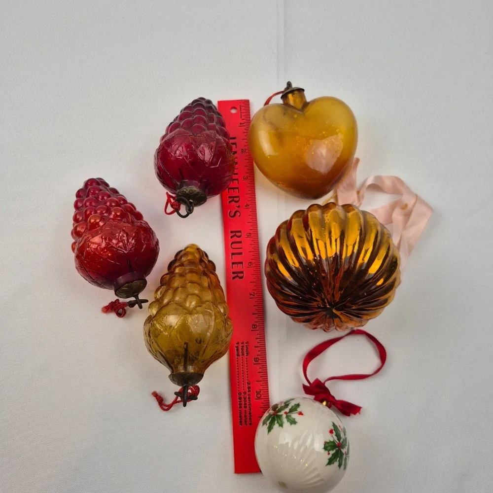 Vtg Glass Christmas‎ Ornament Lot 6pc Grapes Heart Ball + Lenox Holly 1990s